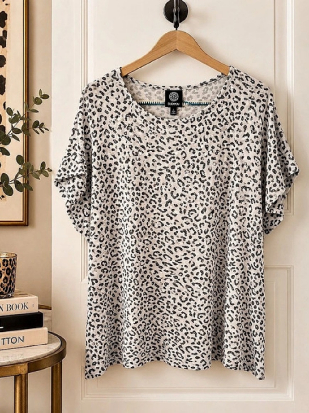 Bobeau Leopard Print Relaxed Fit Blouse L Cream Grey Draped Sleeves